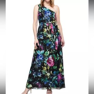 SLNY One-Shoulder Floral Dress - Black and Multicolor